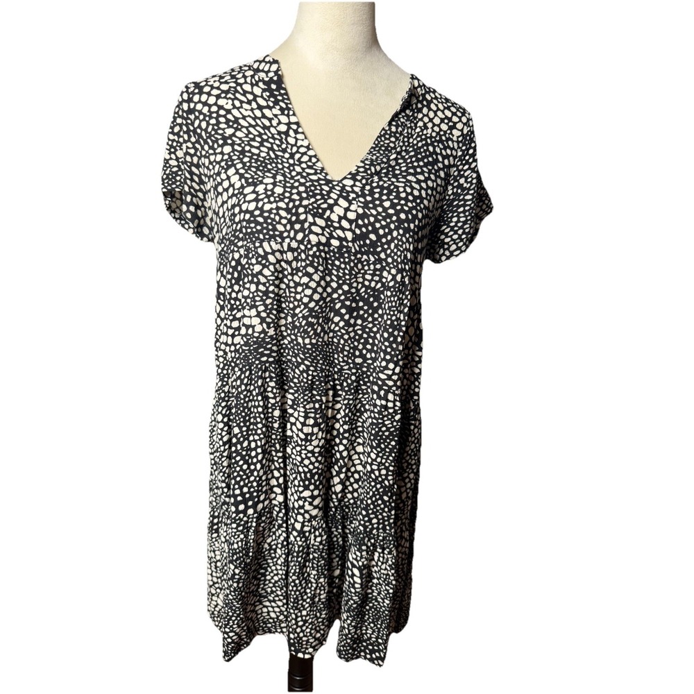 Maeve Anthropologie Black Cream Print Tiered Mini Babydoll Dress Small Tunic